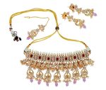 Kundan Stone Choker Set, Adorned with Pink Hanging Beads and White Studded Pearl