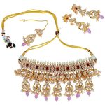 Kundan Stone Choker Set, Adorned with Pink Hanging Beads and White Studded Pearl