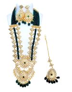 Dark Emerald Green beads and White Kundan stone studded layered necklace set with earrings and matching mang tikka - Image 4