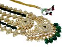 Dark Emerald Green beads and White Kundan stone studded layered necklace set with earrings and matching mang tikka - Image 2