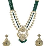 Dark Emerald Green beads and White Kundan stone studded layered necklace set with earrings and matching mang tikka