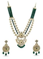 Dark Emerald Green beads and White Kundan stone studded layered necklace set with earrings and matching mang tikka