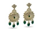 Dark Emerald Green beads and White Kundan stone studded layered necklace set with earrings and matching mang tikka - Image 3