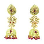 Stunning Kundan Long Earrings with Intricate White & Red Stones in Dome Detailings and beautiful parrot green enameling