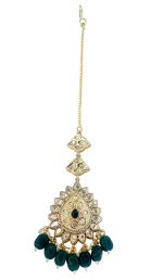Dark Emerald Green beads and White Kundan stone studded layered necklace set with earrings and matching mang tikka - Image 5