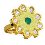 Kundan Flower Ring with green & white stones and Pastel Green Meenakari