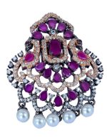 Metallic Black & Rose Gold Earrings with Majestic Peacock Design, Magenta Stones, and white Pearls - Image 3