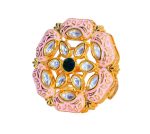 Pastel Rose Pink Floral Kundan Ring with Green & White Kundan stones