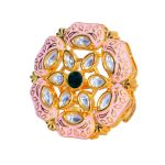Pastel Rose Pink Floral Kundan Ring with Green & White Kundan stones