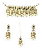 Enchanting Kundan green and white stones studded Choker Set with matching Earrings and Mang Tikka - Image 2
