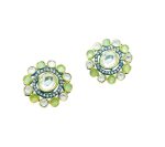 Kundan Flower Stud Earrings with Pastel florescent Green and White Stones in metallic grey finish - Image 2