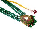 Dark Green teardrop Victorian Necklace Set with broad multicolor pendant and long earrings - Image 6
