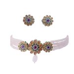 Dreamy pastel pink beaded Choker Necklace Set with Dark pink and Pumpkin Orange Stones