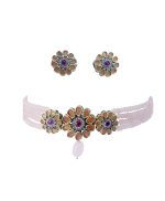 Dreamy pastel pink beaded Choker Necklace Set with Dark pink and Pumpkin Orange Stones