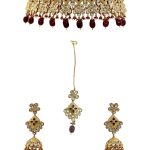 Maroon & White Kundan stone Neck Choker with golden detailing and Maroon beads