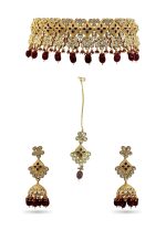 Maroon & White Kundan stone Neck Choker with golden detailing and Maroon beads