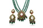 Dark Green teardrop Victorian Necklace Set with broad multicolor pendant and long earrings - Image 3