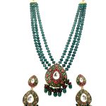 Dark Green teardrop Victorian Necklace Set with broad multicolor pendant and long earrings