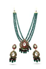 Dark Green teardrop Victorian Necklace Set with broad multicolor pendant and long earrings