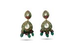 Dark Green teardrop Victorian Necklace Set with broad multicolor pendant and long earrings - Image 4