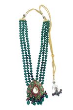 Dark Green teardrop Victorian Necklace Set with broad multicolor pendant and long earrings - Image 5