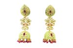 Stunning Kundan Long Earrings with Intricate White & Red Stones in Dome Detailings and beautiful parrot green enameling