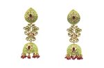 Stunning Kundan Long Earrings with Intricate White & Red Stones in Dome Detailings and beautiful parrot green enameling - Image 2