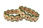 Set of Royal Kundan Bangles with white and pink stones embellished and emerald green beads - Image 4