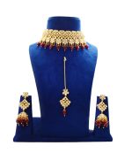 Maroon & White Kundan stone Neck Choker with golden detailing and Maroon beads - Image 2