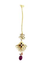Maroon & White Kundan stone Neck Choker with golden detailing and Maroon beads - Image 4