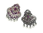 Metallic Black & Rose Gold Earrings with Majestic Peacock Design, Magenta Stones, and white Pearls - Image 4