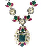 Fuchsia Pink and Green Stones studded Designer Necklace Set - Image 3