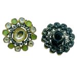Kundan Flower Stud Earrings with Pastel florescent Green and White Stones in metallic grey finish - Image 3